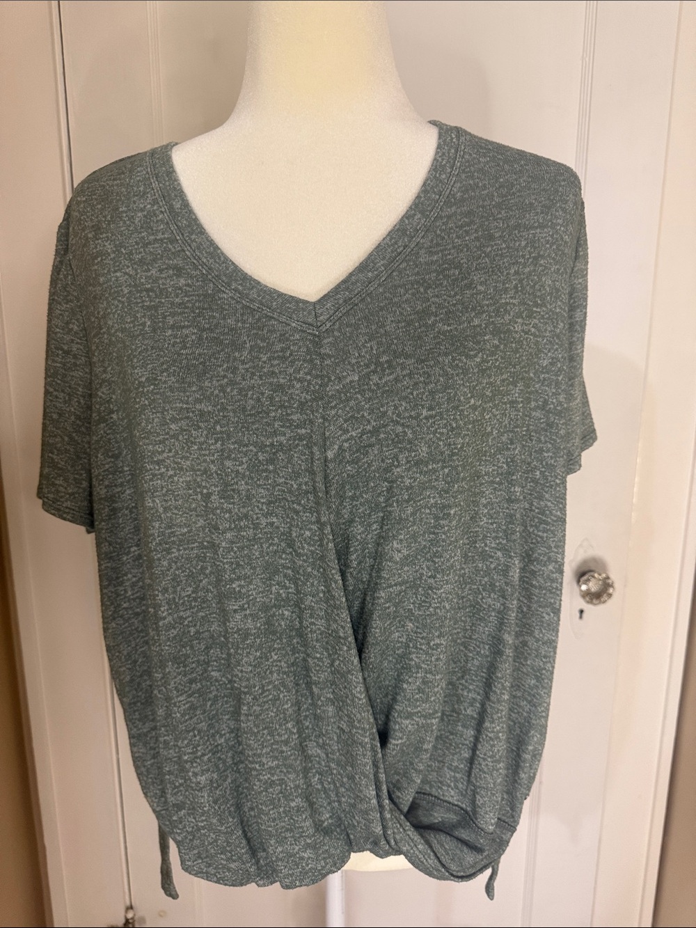 Calvin Klein Heathered Sage V-Neck Twist Front Short Sleeve Top